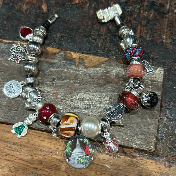 925 sterling silver and leather 8?inch bracelet with 23 charms, preloved - Picture 1 of 9